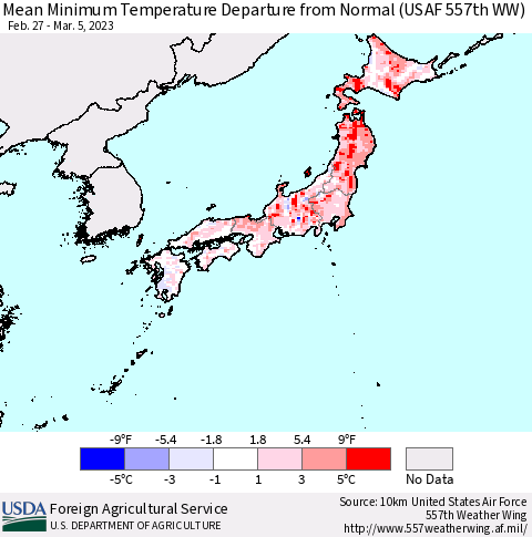 Japan Mean Minimum Temperature Departure from Normal (USAF 557th WW) Thematic Map For 2/27/2023 - 3/5/2023