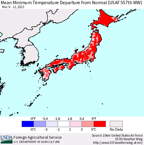 Japan Mean Minimum Temperature Departure from Normal (USAF 557th WW) Thematic Map For 3/6/2023 - 3/12/2023