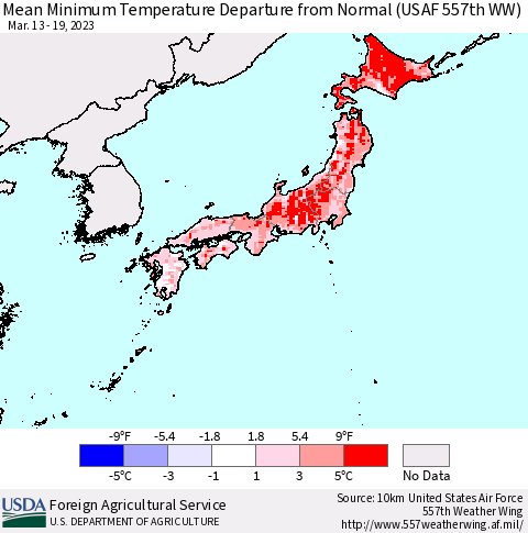 Japan Mean Minimum Temperature Departure from Normal (USAF 557th WW) Thematic Map For 3/13/2023 - 3/19/2023