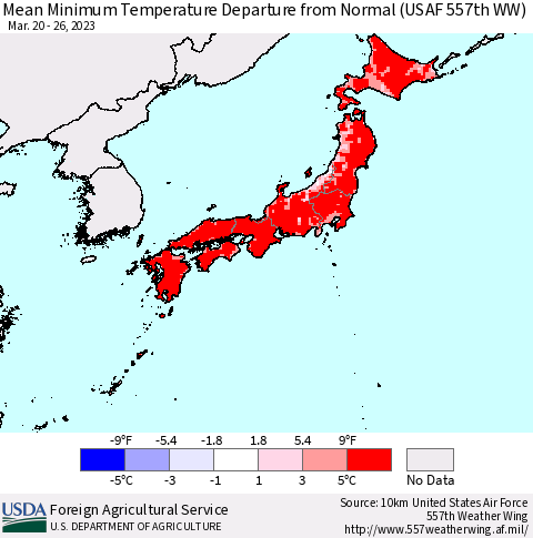 Japan Mean Minimum Temperature Departure from Normal (USAF 557th WW) Thematic Map For 3/20/2023 - 3/26/2023