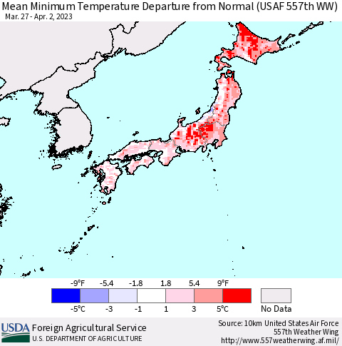 Japan Mean Minimum Temperature Departure from Normal (USAF 557th WW) Thematic Map For 3/27/2023 - 4/2/2023