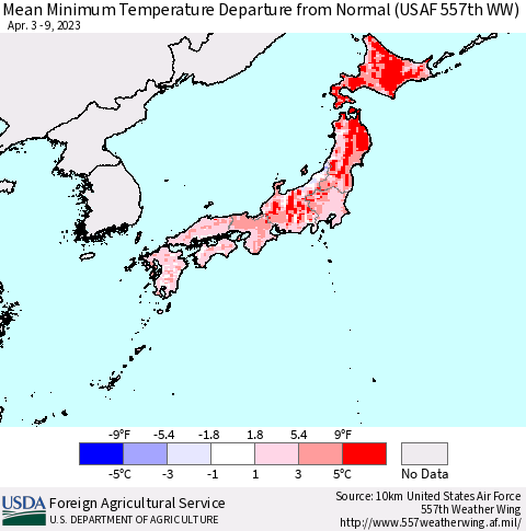 Japan Mean Minimum Temperature Departure from Normal (USAF 557th WW) Thematic Map For 4/3/2023 - 4/9/2023