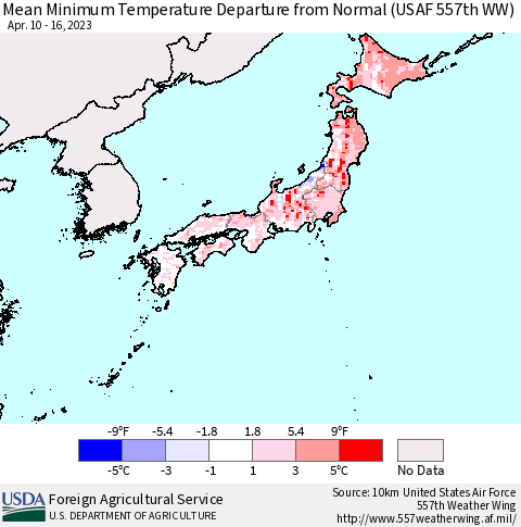 Japan Mean Minimum Temperature Departure from Normal (USAF 557th WW) Thematic Map For 4/10/2023 - 4/16/2023