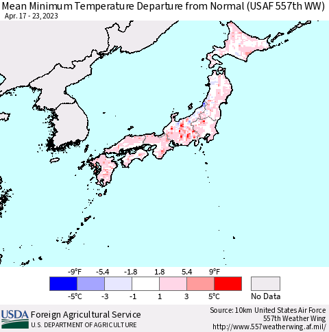 Japan Mean Minimum Temperature Departure from Normal (USAF 557th WW) Thematic Map For 4/17/2023 - 4/23/2023