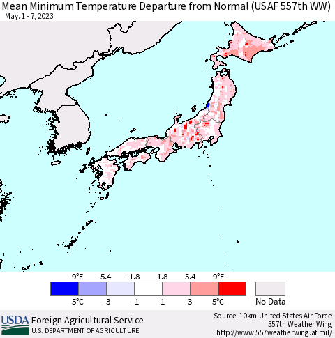 Japan Mean Minimum Temperature Departure from Normal (USAF 557th WW) Thematic Map For 5/1/2023 - 5/7/2023
