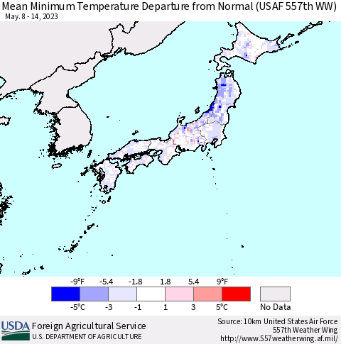 Japan Mean Minimum Temperature Departure from Normal (USAF 557th WW) Thematic Map For 5/8/2023 - 5/14/2023