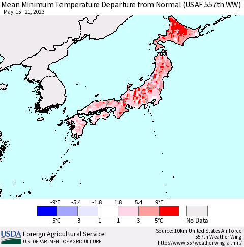 Japan Mean Minimum Temperature Departure from Normal (USAF 557th WW) Thematic Map For 5/15/2023 - 5/21/2023