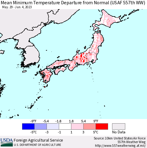 Japan Mean Minimum Temperature Departure from Normal (USAF 557th WW) Thematic Map For 5/29/2023 - 6/4/2023