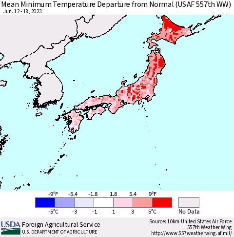 Japan Mean Minimum Temperature Departure from Normal (USAF 557th WW) Thematic Map For 6/12/2023 - 6/18/2023