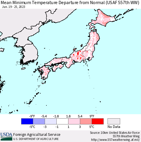 Japan Mean Minimum Temperature Departure from Normal (USAF 557th WW) Thematic Map For 6/19/2023 - 6/25/2023