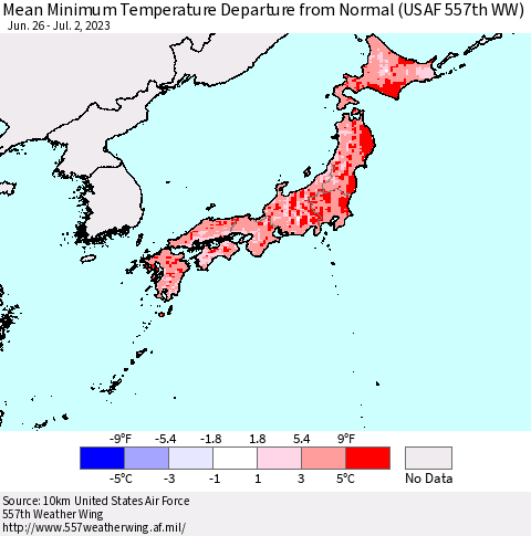 Japan Mean Minimum Temperature Departure from Normal (USAF 557th WW) Thematic Map For 6/26/2023 - 7/2/2023