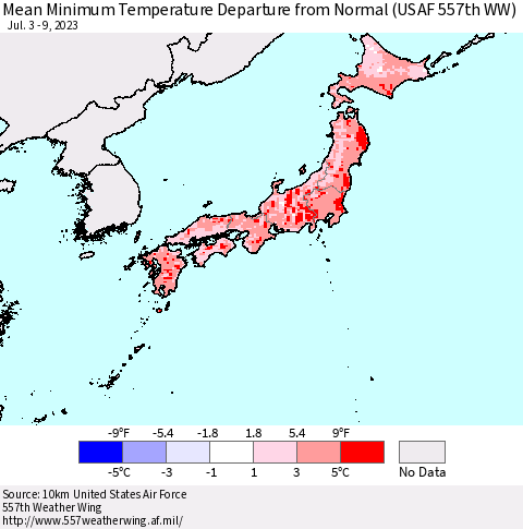 Japan Mean Minimum Temperature Departure from Normal (USAF 557th WW) Thematic Map For 7/3/2023 - 7/9/2023