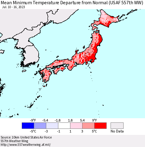 Japan Mean Minimum Temperature Departure from Normal (USAF 557th WW) Thematic Map For 7/10/2023 - 7/16/2023