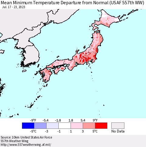 Japan Mean Minimum Temperature Departure from Normal (USAF 557th WW) Thematic Map For 7/17/2023 - 7/23/2023