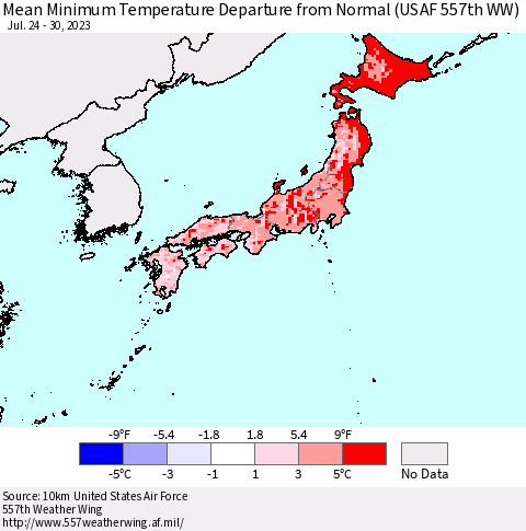 Japan Mean Minimum Temperature Departure from Normal (USAF 557th WW) Thematic Map For 7/24/2023 - 7/30/2023