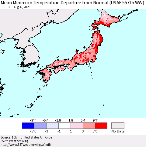 Japan Mean Minimum Temperature Departure from Normal (USAF 557th WW) Thematic Map For 7/31/2023 - 8/6/2023