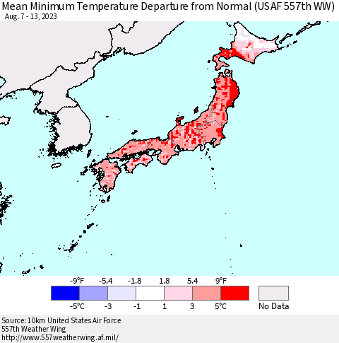 Japan Mean Minimum Temperature Departure from Normal (USAF 557th WW) Thematic Map For 8/7/2023 - 8/13/2023