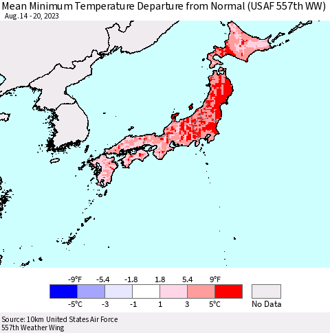 Japan Mean Minimum Temperature Departure from Normal (USAF 557th WW) Thematic Map For 8/14/2023 - 8/20/2023