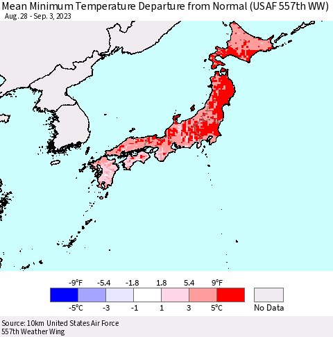 Japan Mean Minimum Temperature Departure from Normal (USAF 557th WW) Thematic Map For 8/28/2023 - 9/3/2023