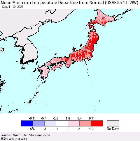 Japan Mean Minimum Temperature Departure from Normal (USAF 557th WW) Thematic Map For 9/4/2023 - 9/10/2023