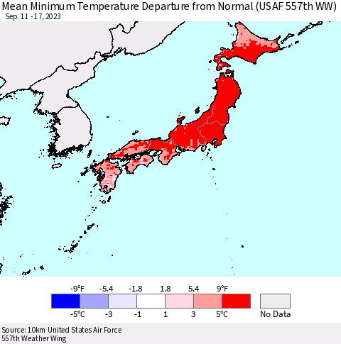 Japan Mean Minimum Temperature Departure from Normal (USAF 557th WW) Thematic Map For 9/11/2023 - 9/17/2023