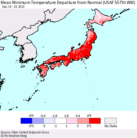 Japan Mean Minimum Temperature Departure from Normal (USAF 557th WW) Thematic Map For 9/18/2023 - 9/24/2023