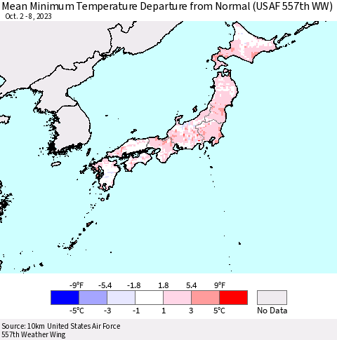 Japan Mean Minimum Temperature Departure from Normal (USAF 557th WW) Thematic Map For 10/2/2023 - 10/8/2023
