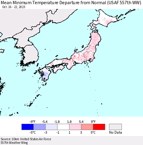 Japan Mean Minimum Temperature Departure from Normal (USAF 557th WW) Thematic Map For 10/16/2023 - 10/22/2023