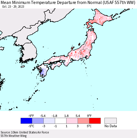Japan Mean Minimum Temperature Departure from Normal (USAF 557th WW) Thematic Map For 10/23/2023 - 10/29/2023