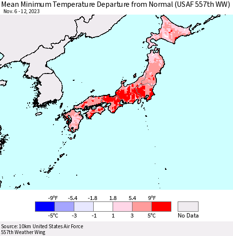 Japan Mean Minimum Temperature Departure from Normal (USAF 557th WW) Thematic Map For 11/6/2023 - 11/12/2023
