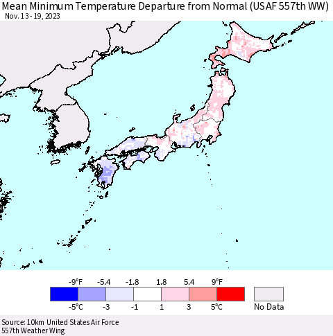Japan Mean Minimum Temperature Departure from Normal (USAF 557th WW) Thematic Map For 11/13/2023 - 11/19/2023