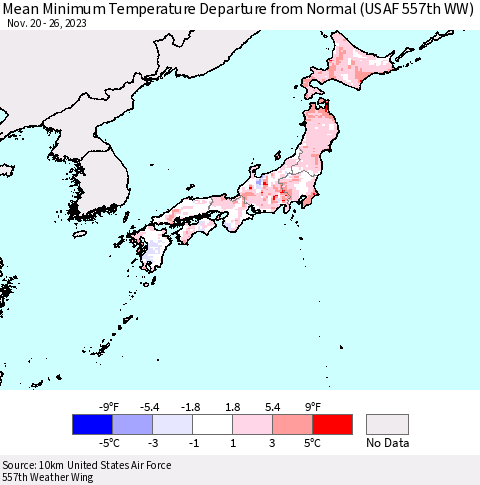 Japan Mean Minimum Temperature Departure from Normal (USAF 557th WW) Thematic Map For 11/20/2023 - 11/26/2023
