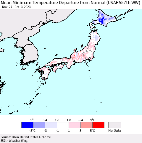Japan Mean Minimum Temperature Departure from Normal (USAF 557th WW) Thematic Map For 11/27/2023 - 12/3/2023