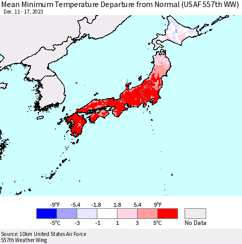 Japan Mean Minimum Temperature Departure from Normal (USAF 557th WW) Thematic Map For 12/11/2023 - 12/17/2023
