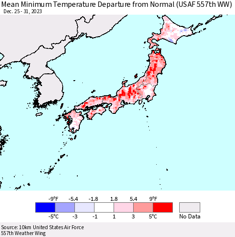 Japan Mean Minimum Temperature Departure from Normal (USAF 557th WW) Thematic Map For 12/25/2023 - 12/31/2023