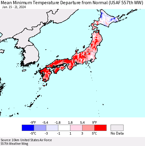Japan Mean Minimum Temperature Departure from Normal (USAF 557th WW) Thematic Map For 1/15/2024 - 1/21/2024