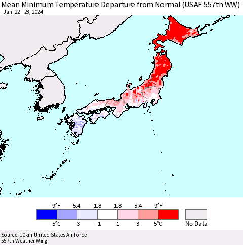 Japan Mean Minimum Temperature Departure from Normal (USAF 557th WW) Thematic Map For 1/22/2024 - 1/28/2024