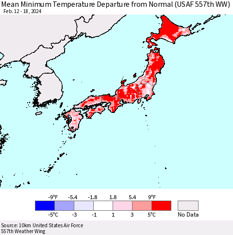 Japan Mean Minimum Temperature Departure from Normal (USAF 557th WW) Thematic Map For 2/12/2024 - 2/18/2024