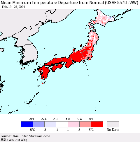 Japan Mean Minimum Temperature Departure from Normal (USAF 557th WW) Thematic Map For 2/19/2024 - 2/25/2024