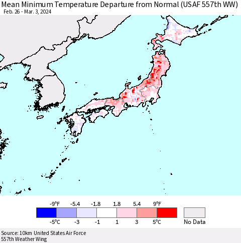 Japan Mean Minimum Temperature Departure from Normal (USAF 557th WW) Thematic Map For 2/26/2024 - 3/3/2024