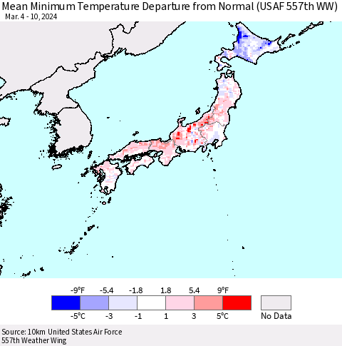 Japan Mean Minimum Temperature Departure from Normal (USAF 557th WW) Thematic Map For 3/4/2024 - 3/10/2024