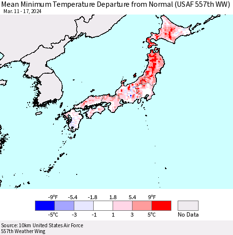 Japan Mean Minimum Temperature Departure from Normal (USAF 557th WW) Thematic Map For 3/11/2024 - 3/17/2024