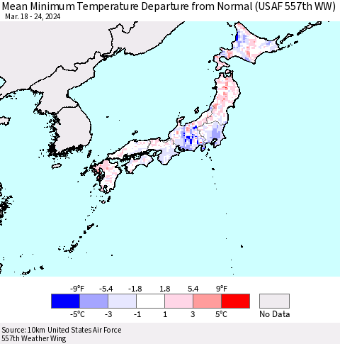 Japan Mean Minimum Temperature Departure from Normal (USAF 557th WW) Thematic Map For 3/18/2024 - 3/24/2024