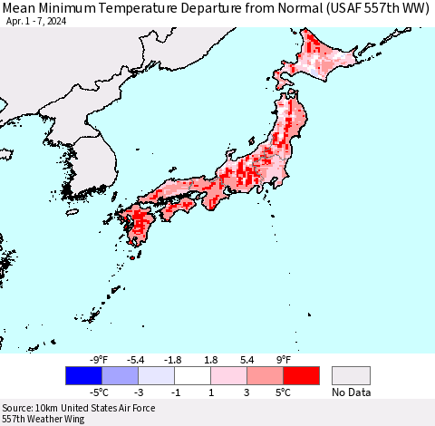 Japan Mean Minimum Temperature Departure from Normal (USAF 557th WW) Thematic Map For 4/1/2024 - 4/7/2024