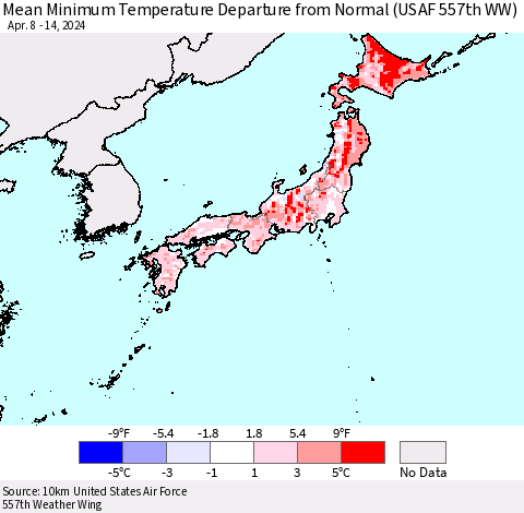 Japan Mean Minimum Temperature Departure from Normal (USAF 557th WW) Thematic Map For 4/8/2024 - 4/14/2024