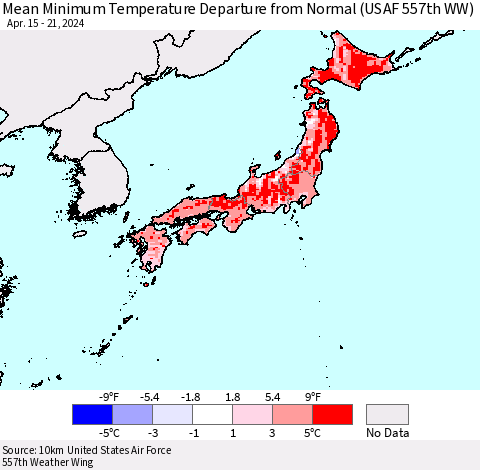 Japan Mean Minimum Temperature Departure from Normal (USAF 557th WW) Thematic Map For 4/15/2024 - 4/21/2024