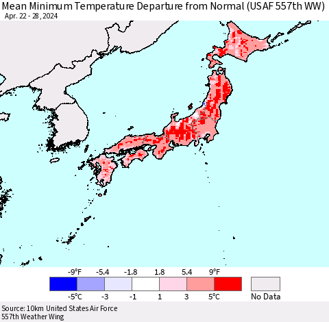 Japan Mean Minimum Temperature Departure from Normal (USAF 557th WW) Thematic Map For 4/22/2024 - 4/28/2024