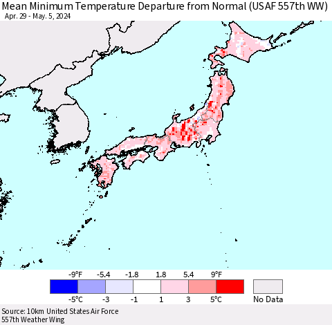 Japan Mean Minimum Temperature Departure from Normal (USAF 557th WW) Thematic Map For 4/29/2024 - 5/5/2024