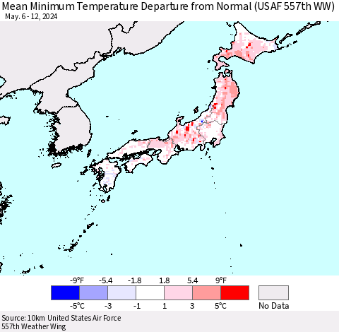 Japan Mean Minimum Temperature Departure from Normal (USAF 557th WW) Thematic Map For 5/6/2024 - 5/12/2024