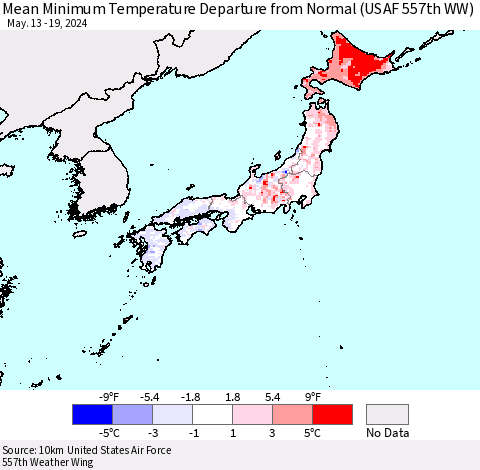 Japan Mean Minimum Temperature Departure from Normal (USAF 557th WW) Thematic Map For 5/13/2024 - 5/19/2024